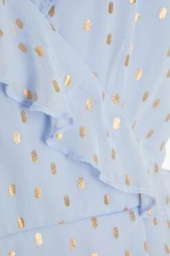 Blue Foil Polka Dot Wrap Midi Dress -Deals Clothifyr Store 00100033622 ZS