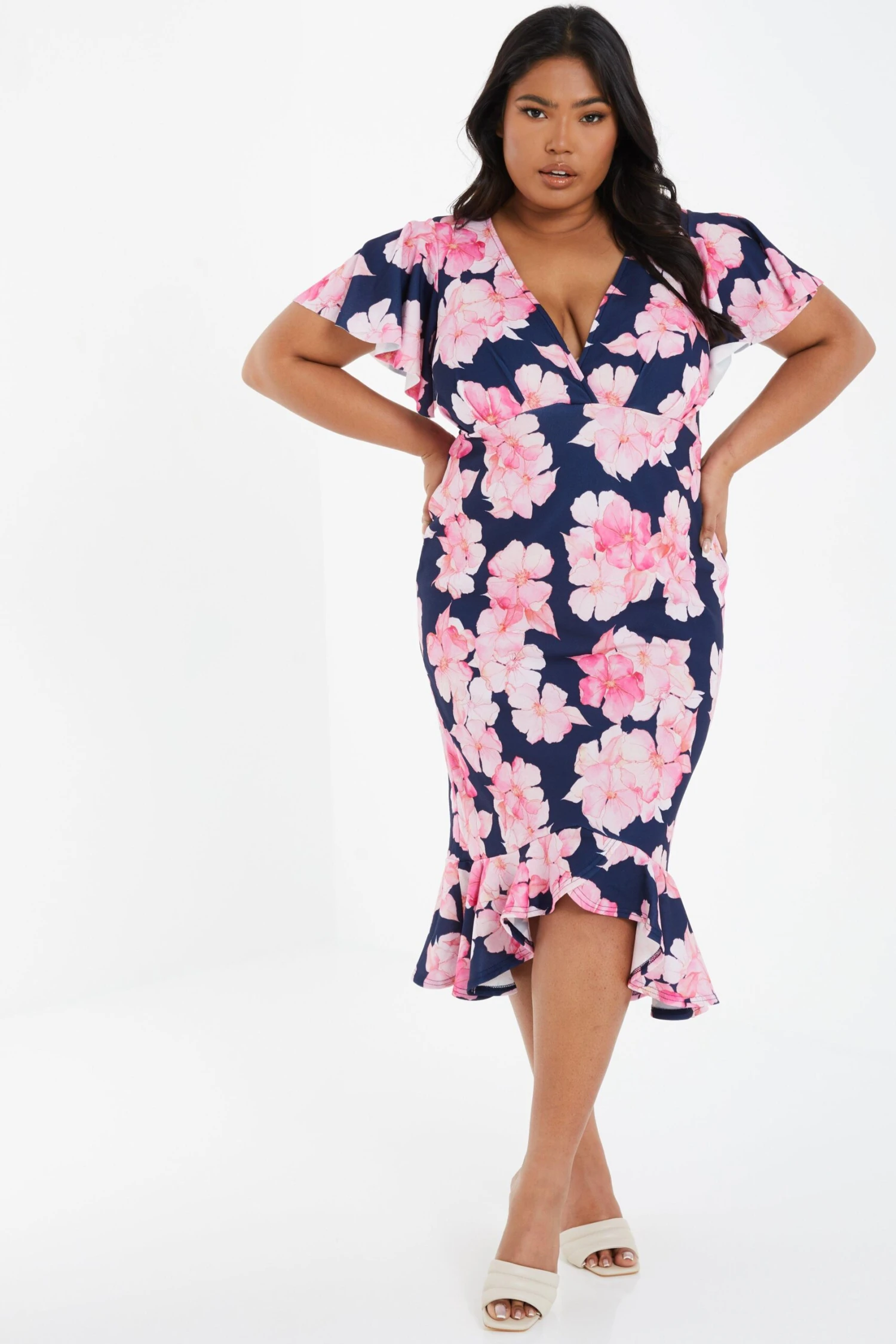 Curve Navy Floral Frill Hem Midi Dress 4 Curve Navy Floral Frill Hem Midi Dress - Image 2