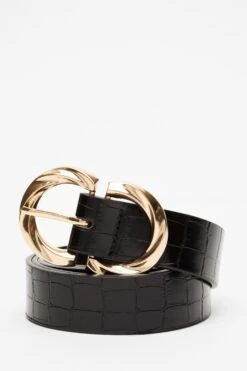 Curve Black Crocodile Gold Buckle Belt