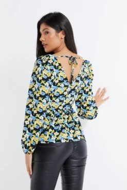 Blue Floral Chiffon Peplum Top -Deals Clothifyr Store 00100034692 XB