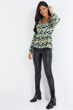 Blue Floral Chiffon Peplum Top -Deals Clothifyr Store 00100034692 XS