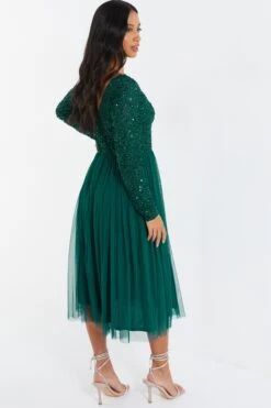 Petite Green Embellished Tulle Midi Dress -Deals Clothifyr Store 00100035042 XB