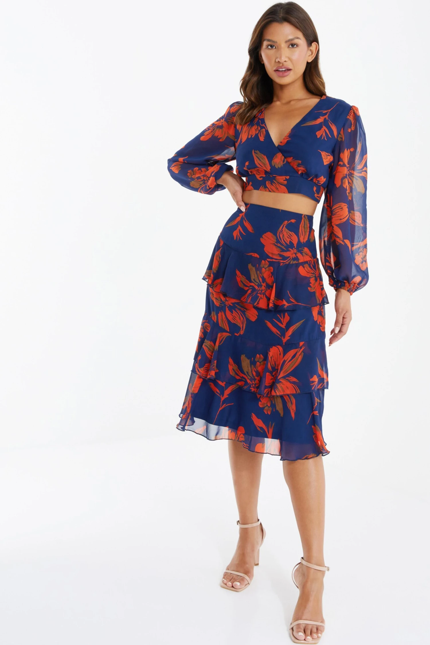 Orange Floral Chiffon Tiered Midi Skirt 4 Orange Floral Chiffon Tiered Midi Skirt - Image 2