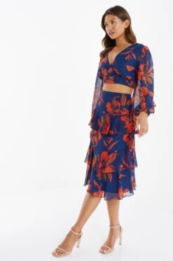 Orange Floral Chiffon Tiered Midi Skirt 11 Orange Floral Chiffon Tiered Midi Skirt -Deals Clothifyr Store 00100035490 XS