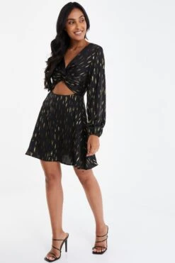 Petite Black Metallic Stripe Skater Dress -Deals Clothifyr Store 00100035651 XS