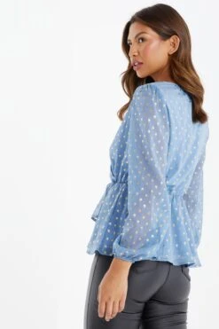 Blue Polka Dot Foil Peplum Top -Deals Clothifyr Store 00100035708 XB