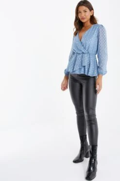 Blue Polka Dot Foil Peplum Top -Deals Clothifyr Store 00100035708 XS