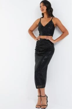 Black Sequin Crop Top -Deals Clothifyr Store 00100035713 XS