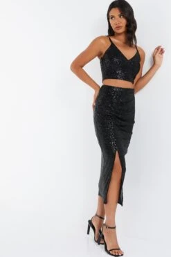 Black Sequin Ruched Midi Skirt -Deals Clothifyr Store 00100035714 XS