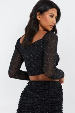 Black Diamante Mesh Ruched Crop Top -Deals Clothifyr Store 00100035835 XB