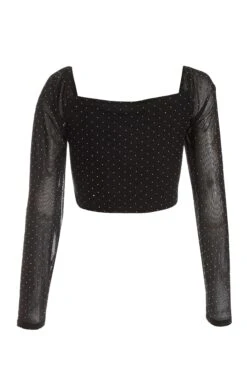 Black Diamante Mesh Ruched Crop Top -Deals Clothifyr Store 00100035835 ZB