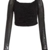 Black Diamante Mesh Ruched Crop Top -Deals Clothifyr Store 00100035835 ZM
