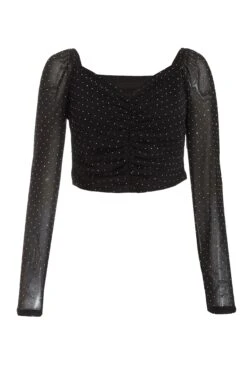 Black Diamante Mesh Ruched Crop Top