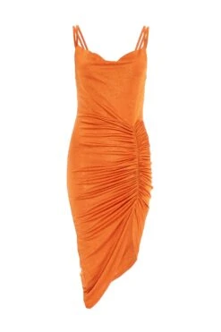 Petite Orange Ruched Midi Dress