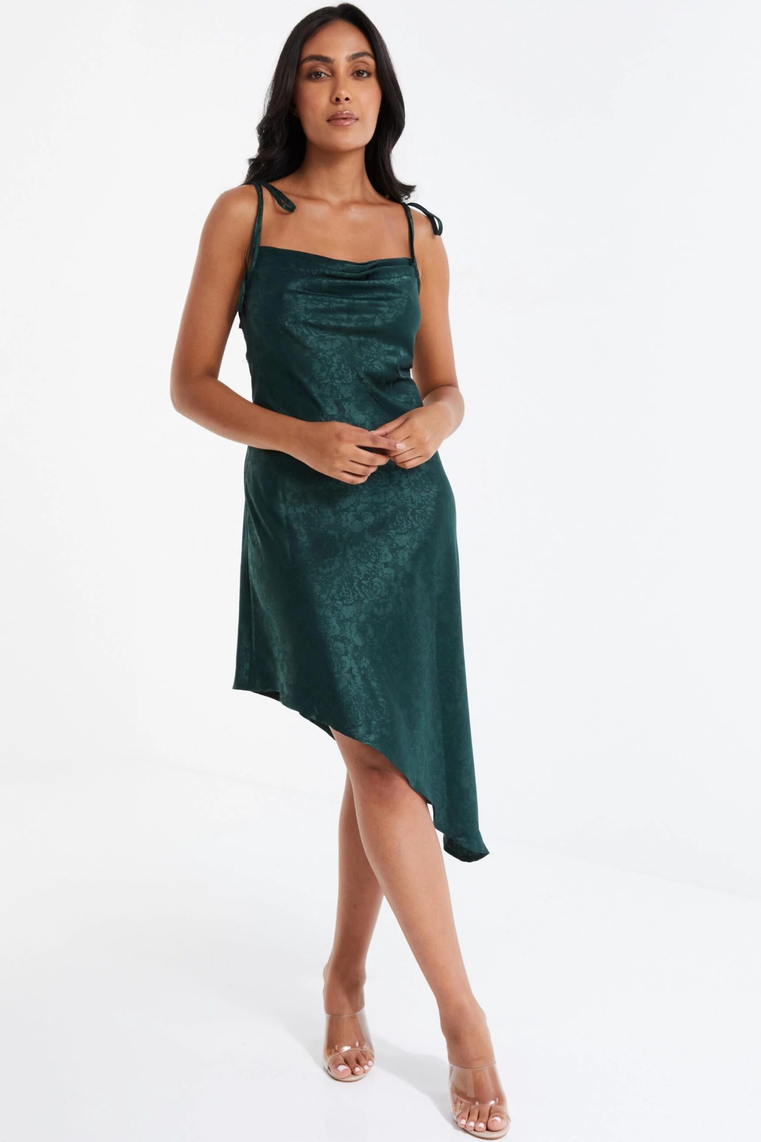 Petite Bottle Green Satin Jacquard Floral Midi Dress 4 Petite Bottle Green Satin Jacquard Floral Midi Dress - Image 2