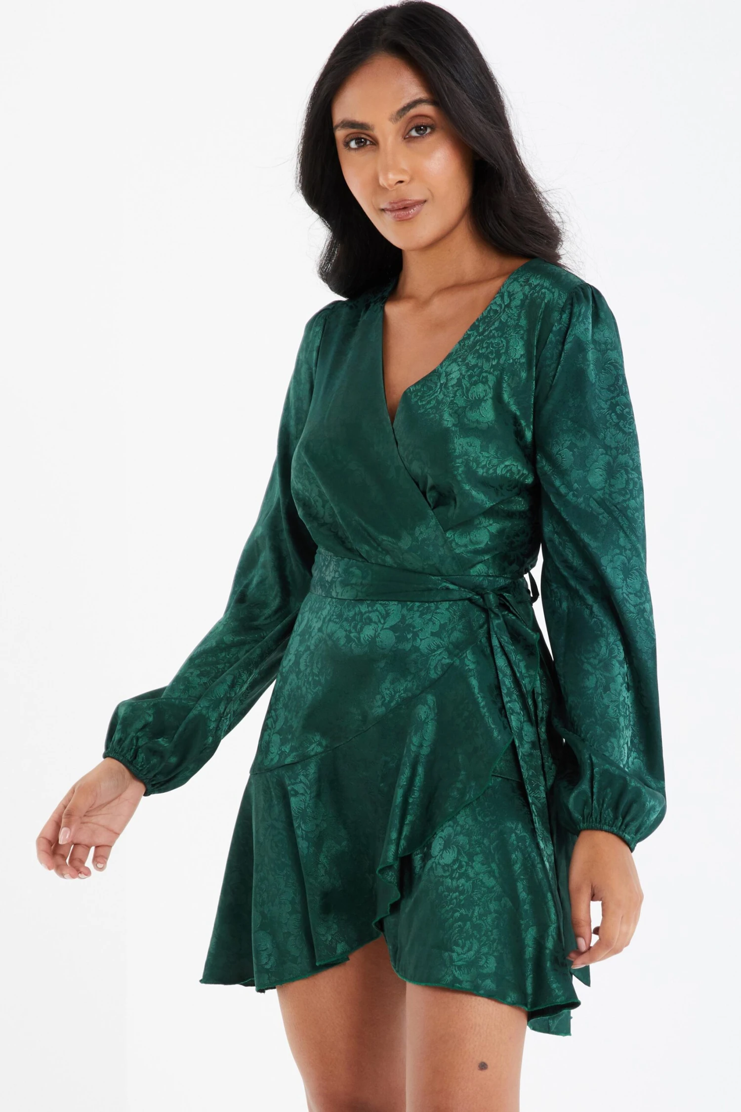 Petite Bottle Green Satin Jacquard Floral Mini Dress 4 Petite Bottle Green Satin Jacquard Floral Mini Dress - Image 2