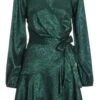Petite Bottle Green Satin Jacquard Floral Mini Dress -Deals Clothifyr Store 00100036028 ZM