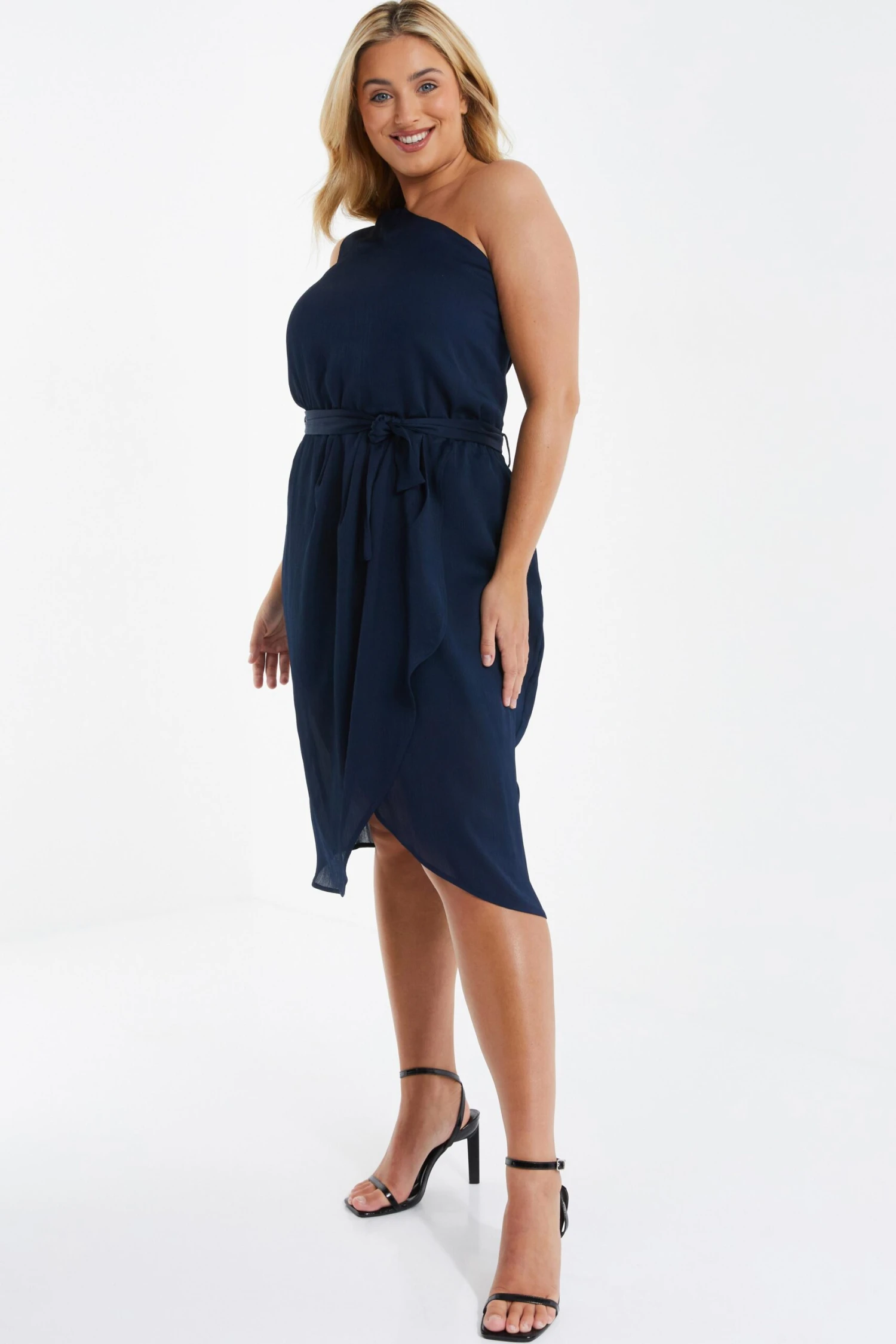 Curve Navy Satin One Shoulder Midi Dress 6 Curve Navy Satin One Shoulder Midi Dress - Image 4