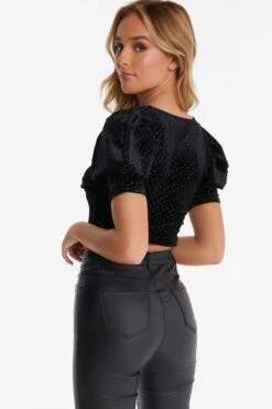 Black Velvet Glitter Polka Dot Crop Top -Deals Clothifyr Store 00100036034 XB