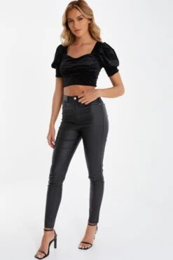 Black Velvet Glitter Polka Dot Crop Top -Deals Clothifyr Store 00100036034 XS