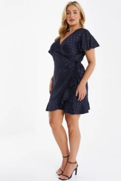 Curve Navy Satin Polka Dot Wrap Dress -Deals Clothifyr Store 00100036061 XS