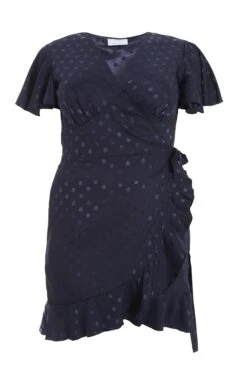 Curve Navy Satin Polka Dot Wrap Dress