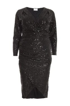 Curve Black Sequin Wrap Midi Dress