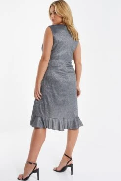 Curve Silver Bodycon Frill Midi Dress -Deals Clothifyr Store 00100036104 XB