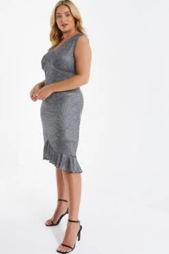 Curve Silver Bodycon Frill Midi Dress -Deals Clothifyr Store 00100036104 XS