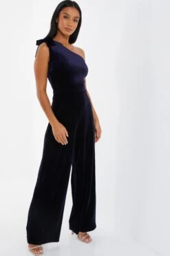 Petite Navy Velvet Bow Palazzo Jumpsuit -Deals Clothifyr Store 00100036108 XS