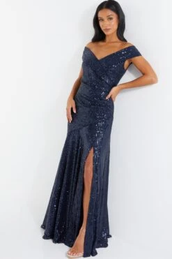 Petite Navy Sequin Ruched Maxi Dress -Deals Clothifyr Store 00100036118 XS