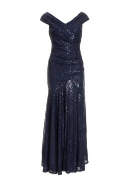 Petite Navy Sequin Ruched Maxi Dress