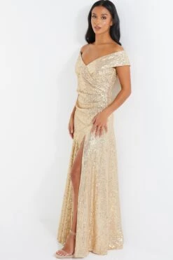 Petite Gold Sequin Ruched Maxi Dress -Deals Clothifyr Store 00100036119 XS