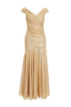 Petite Gold Sequin Ruched Maxi Dress