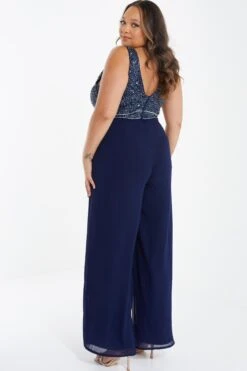 Curve Navy Chiffon Embellished Palazzo Jumpsuit -Deals Clothifyr Store 00100036121 XB
