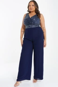 Curve Navy Chiffon Embellished Palazzo Jumpsuit -Deals Clothifyr Store 00100036121 XS