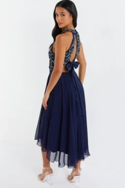 Petite Navy Sequin Chiffon Halter Neck Midi Dress -Deals Clothifyr Store 00100036126 XB