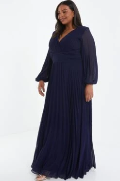Curve Navy Pleated Chiffon Maxi Dress -Deals Clothifyr Store 00100036129 XS