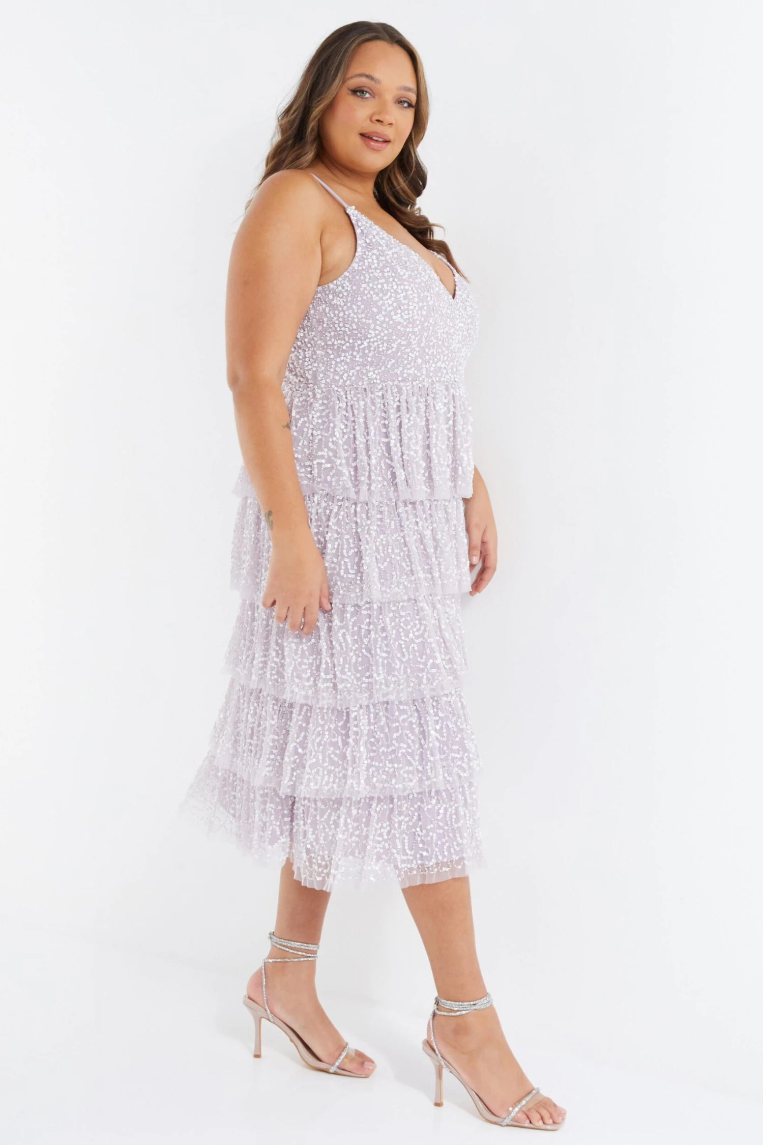 Curve Lilac Sequin Tiered Midi Dress 6 Curve Lilac Sequin Tiered Midi Dress - Image 4