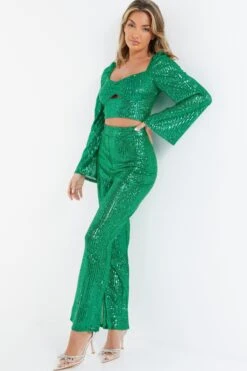 Green Sequin Cut Out Crop Top -Deals Clothifyr Store 00100036165 XS