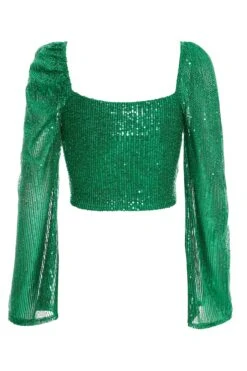 Green Sequin Cut Out Crop Top -Deals Clothifyr Store 00100036165 ZB