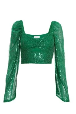 Green Sequin Cut Out Crop Top