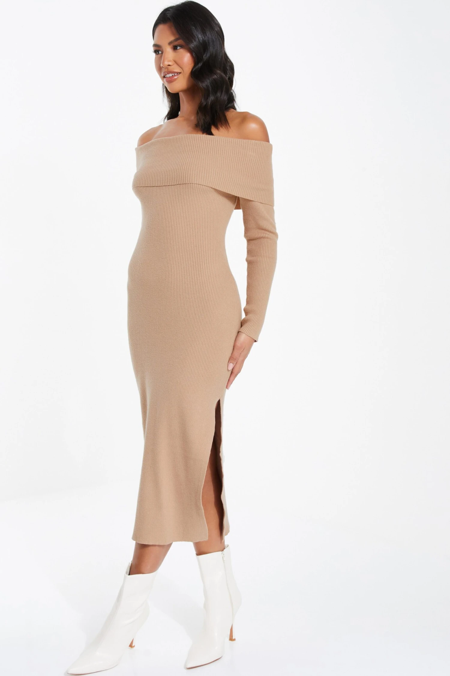 Camel Ribbed Knit Bodycon Midi Dress 6 Camel Ribbed Knit Bodycon Midi Dress - Image 4