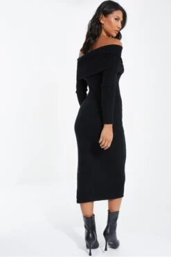 Black Ribbed Knit Bodycon Midi Dress -Deals Clothifyr Store 00100036207 XB