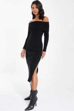 Black Ribbed Knit Bodycon Midi Dress -Deals Clothifyr Store 00100036207 XS
