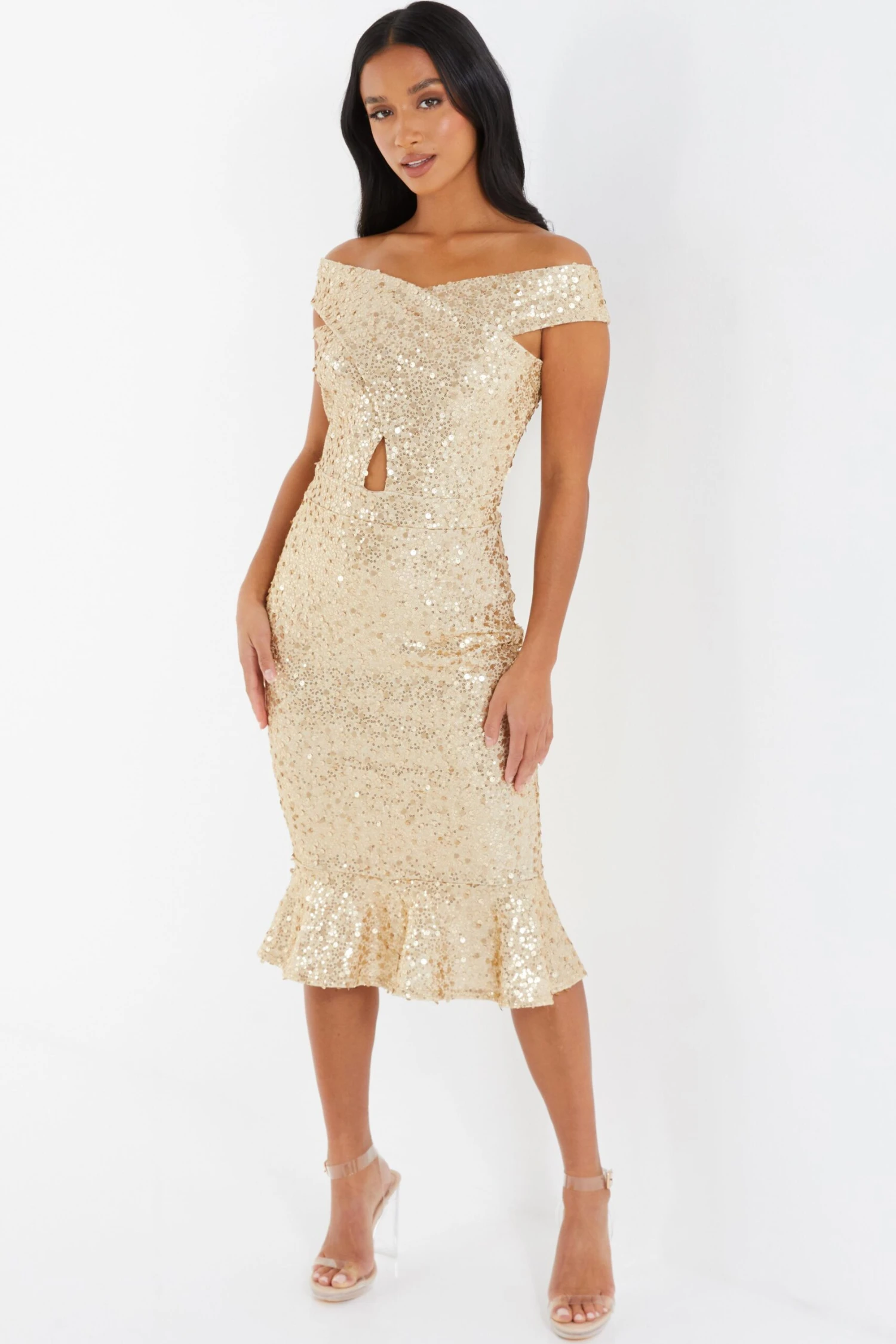 Petite Gold Sequin Bardot Midi Dress 4 Petite Gold Sequin Bardot Midi Dress - Image 2