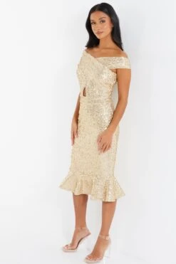 Petite Gold Sequin Bardot Midi Dress 11 Petite Gold Sequin Bardot Midi Dress -Deals Clothifyr Store 00100036303 XS