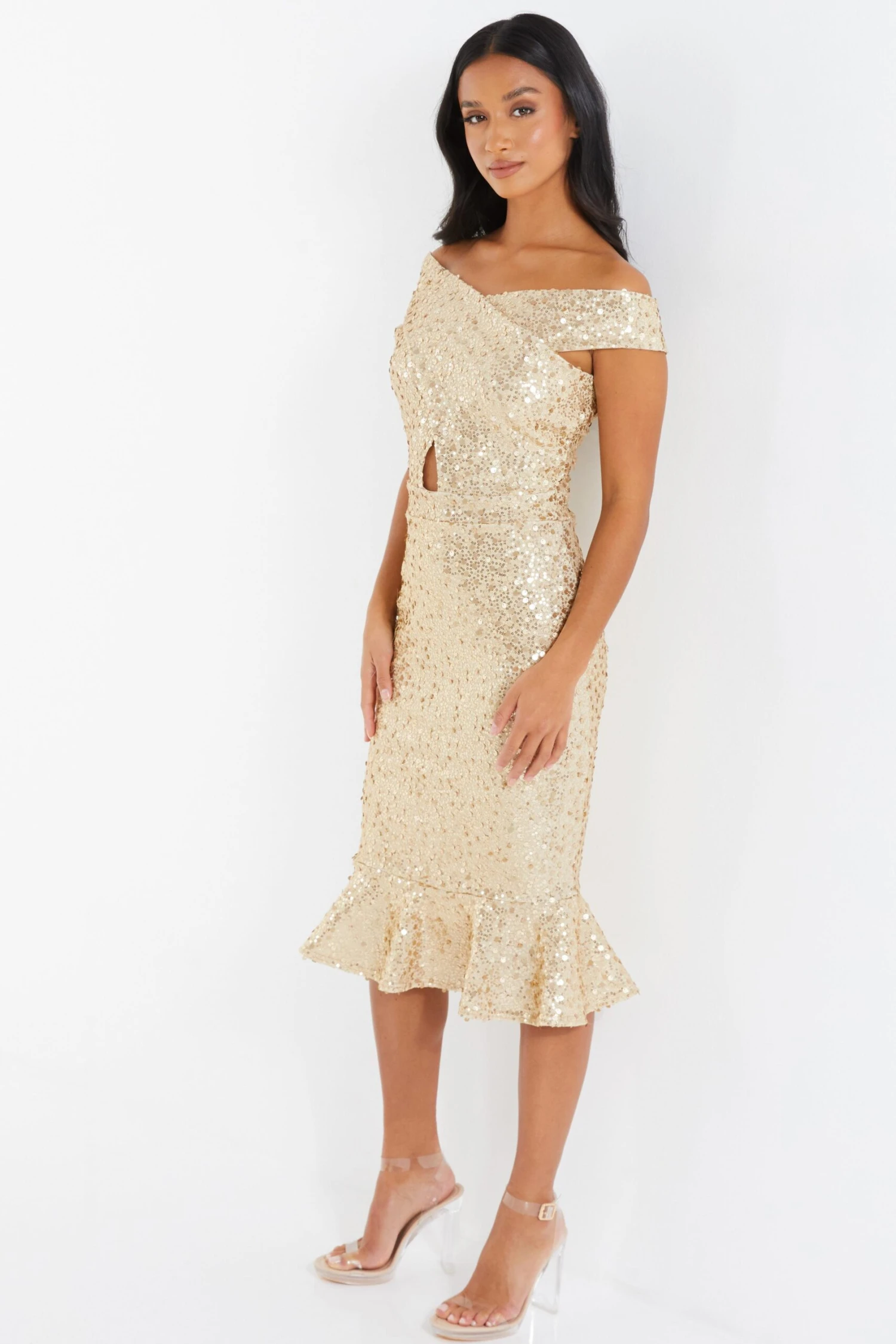 Petite Gold Sequin Bardot Midi Dress 6 Petite Gold Sequin Bardot Midi Dress - Image 4