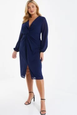Curve Navy Chiffon Knot Midi Dress -Deals Clothifyr Store 00100036321 XS