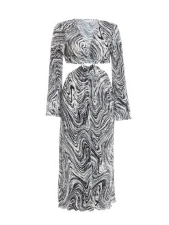 Petite Black Plisse Swirl Midaxi Dress